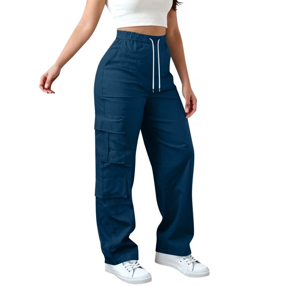 biudgviw Womens Cargo Pants for Fall Drawstring High Waisted Casual Pants Baggy Wide Leg Streetwear Pants with Pockets