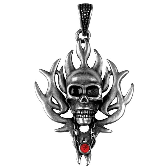 Skull W/ Flame Ruby Pendant - Collectible Medallion Necklace Accessory