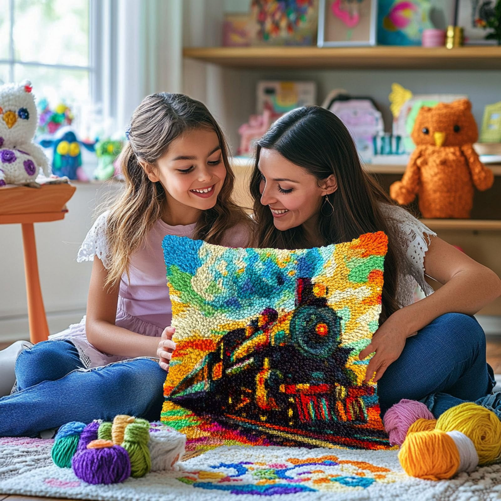 Old Steam Train DIY Latch Hook Pillow Kits for Adults Printed Pillowcase Crochet Yarns Hooking Handmade Pillow Cover Cushion for Home Sofa Decoration 17x17inch