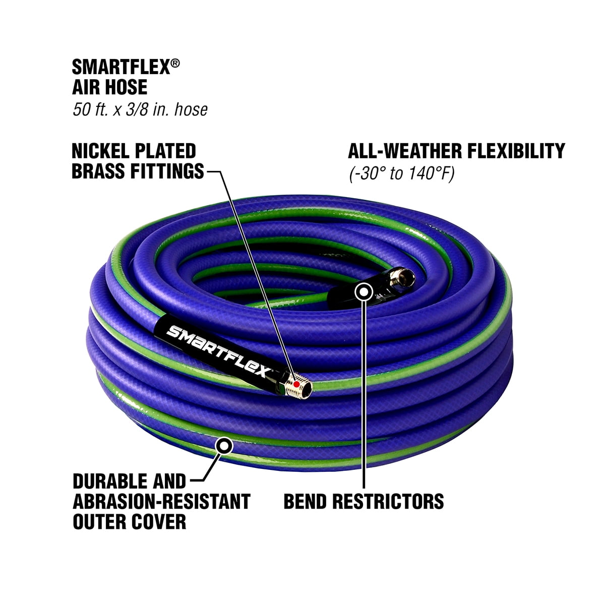 SmartFlex® Air Hose, 3/8" x 50', 1/4" MNPT Fittings