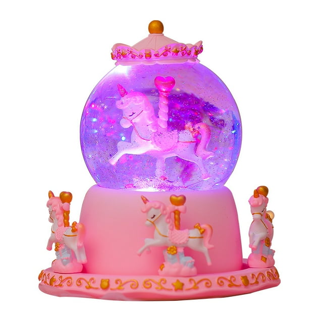 Bola de nieve con forma de carrusel musical con unicornio giratorio