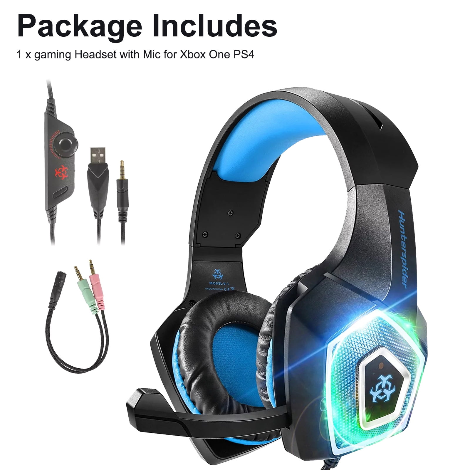 Casque Gaming avec microphone 7.1 Stereo RVB, casque Gamers pour PC PS4 PS5  Playstation 5 xbox one Nintendo Switch Laptop, sur l'oreille antibruit  filaire LED ordinateur téléphone écouteur