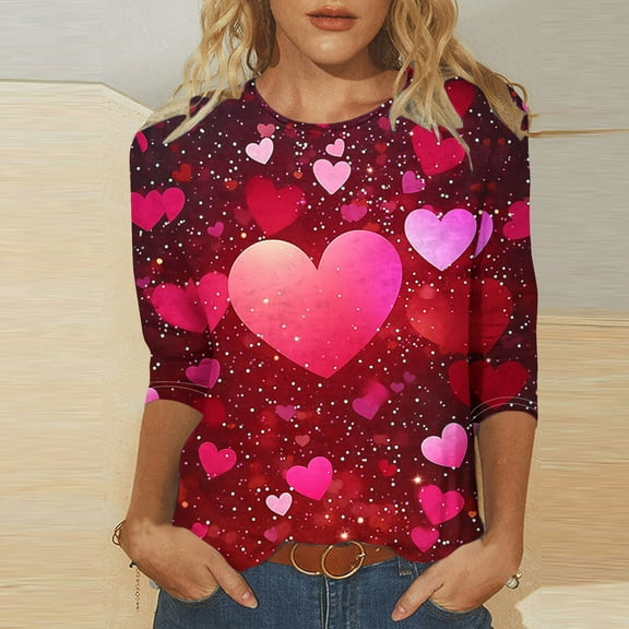 successthop 3/4 Sleeve Tops for Women Valentines Christmas Heart Date Blouses Crewneck Holiday Shirts 3/4 Sleeve Romantic Tees Tunic Gifts Pullovers for Her Girlfriend Funny Clothes