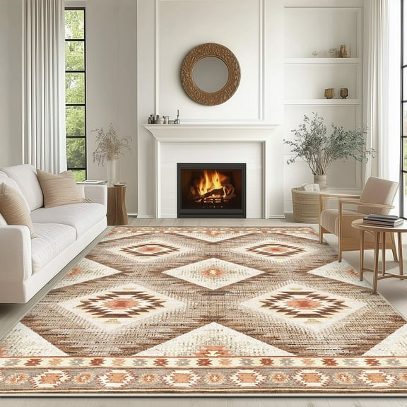 6'x9' Area Rugs for Living Room, Machine Washable Non-Slip Carpet, Soft Faux Wool Low Pile Moroccan Farmhouse Western Rug, Camel