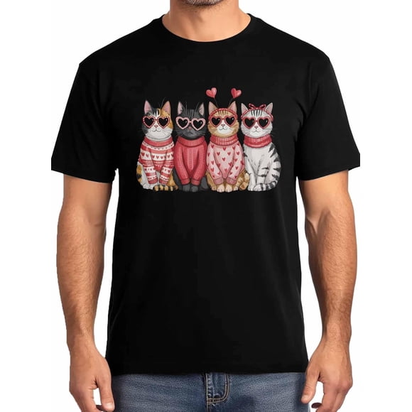 Camisetas de manga corta con estampado de gatos y corazones para hombre, cuello redondo, para San Valentín, color negro-S