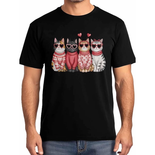 Camisetas para hombre con diseño de gatos y corazones, de manga corta y cuello redondo, para San Valentín, color negro-S