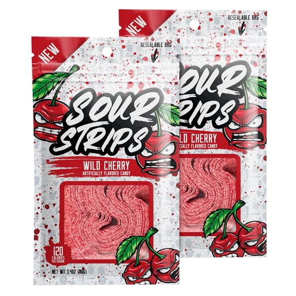SOUR STRIPS Wild Cherry Flavored Candy | Deliciously Chewy Belts Vegetarian Candies, 12 per Pack, 2 PackRDC28