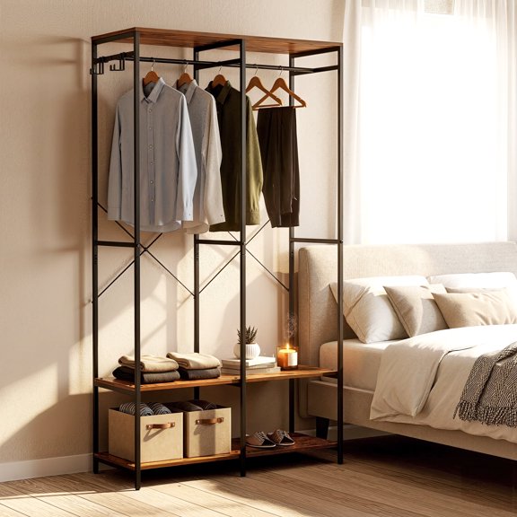 LEDREM Heavy Duty Garment Rack , Iron and Wood Closet Organizer with Hanging Rods & Shelves , Freestanding Storage for Bedroom , 70.9 Inch ,Rustic Brown