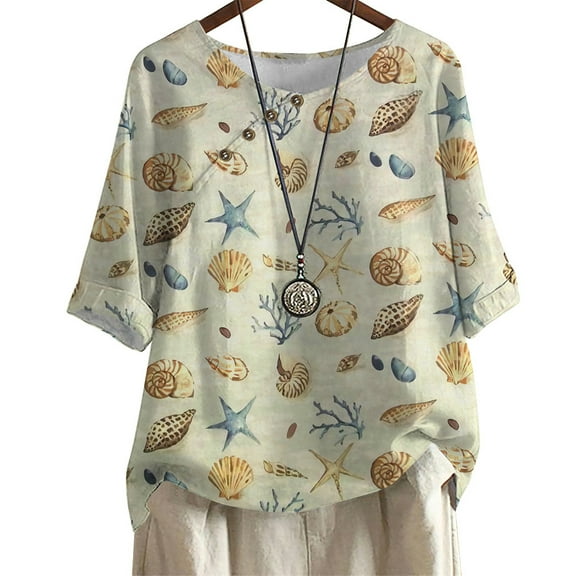 CLOOCL Women's plus size T-shirt Conch Graphic Print Loose Crew Neck Short-sleeved Tops