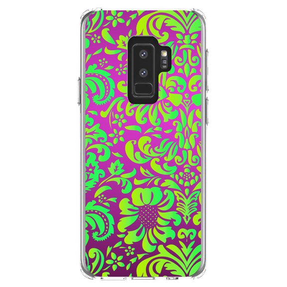 DistinctInk Clear Shockproof Hybrid Case for Samsung Galaxy S9  PLUS (6.2" Screen) - TPU Bumper, Acrylic Back, Tempered Glass Screen Protector - Purple Green Floral Pattern