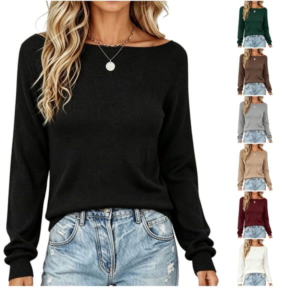NSLGXD Womens Boat Neck Long Sleeve Knit Sweater 2026 Fall Soft Ribbed Pullover Basic Casual Solid Color Layering Tops S-2XL