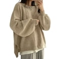 thumbnail image 2 of Women'S Long Sleeve Crewneck Jumper with Side Slit, Casual Soft Ribbed Knit Fall Winter Pullover Sweater Khaki XXL, 2 of 8