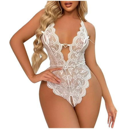 

Lirclo Lingerie for Women Snap Crotch Teddy Bodysuit Contrast Lace One Piece Mini Babydoll White S