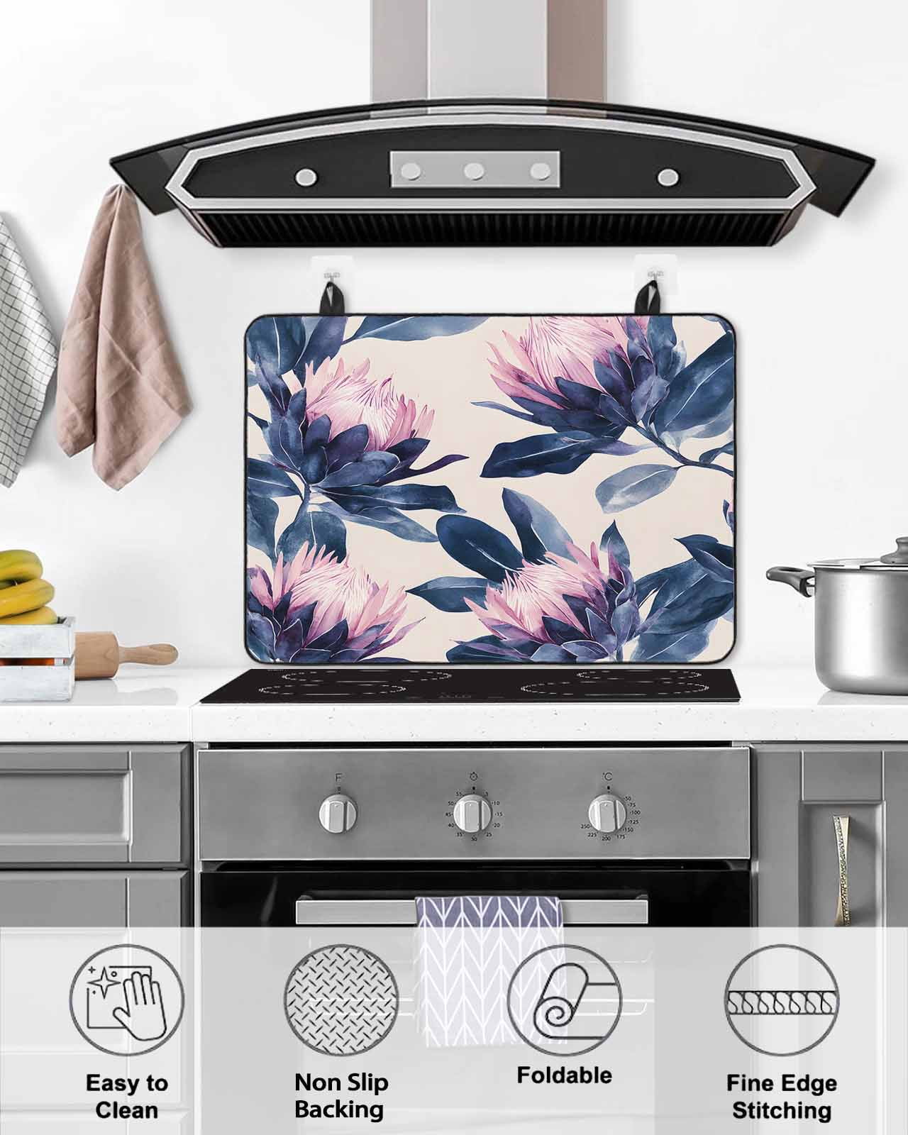 nqOlkjepod Large Induction Cooktop Protector Mat 24"x21", Blue Purple Botanical Stove Top Covers for Electric Stove, Spring Flowers Summer Rustic Stove Burner Cover Mats, Glass Top Stove Cover
