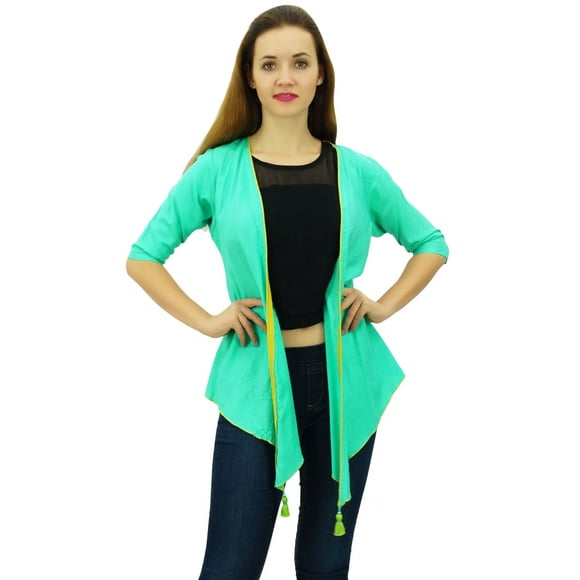 Phagun Women Solid Casual 3/4 Sleeve Aqua Green Shrug Coverup Rayon Cardigan-Small