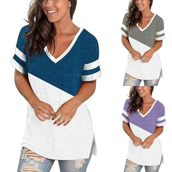 Mittory Womens Plus-Size Tops Color Block T Shirts Short Sleeve Tunics T Shirts Summer Short Sleeve Casual Cotton
