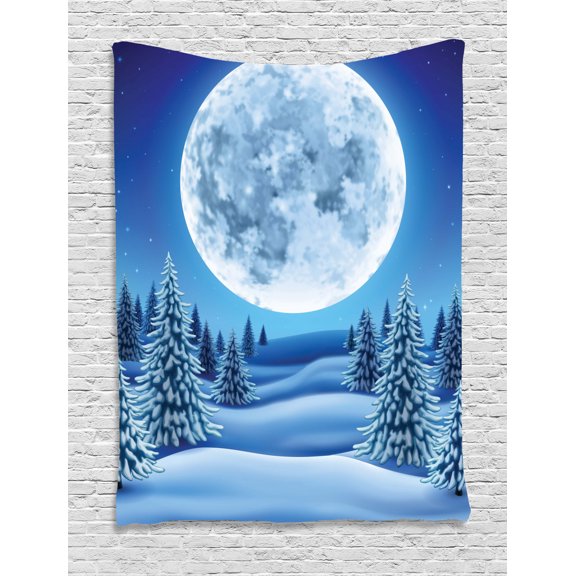 Northwoods Tapestry, Cold Season Landscape with Full Moon Pine Trees on Snowy Hillside, Wall Hanging for Bedroom Living Room Dorm Decor, 40W X 60L Inches, Pale Blue Grey Night Blue, by Ambesonne