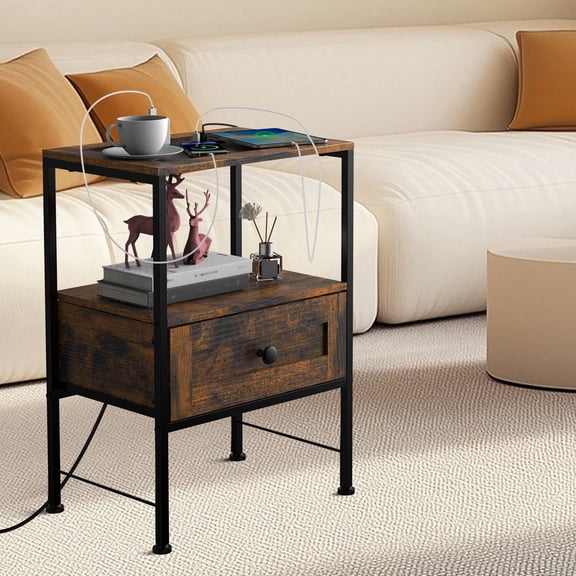 Brown Nightstand with Charging Station, 1‑Drawer Bedside Table with USB Ports and Power Outlets for Bedroom