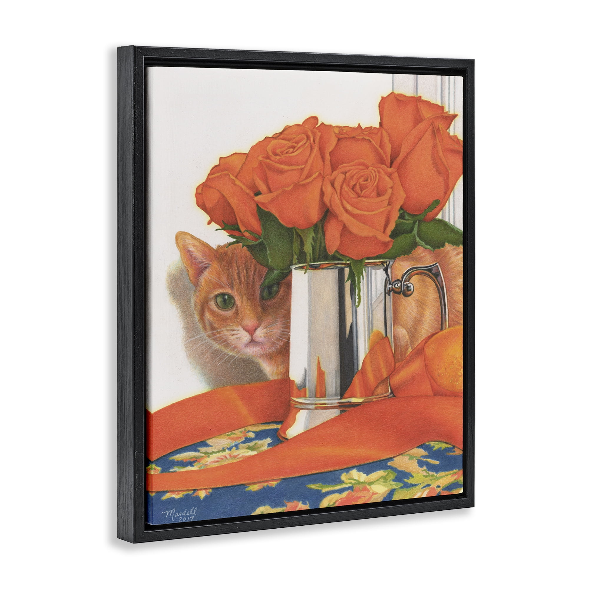 Stupell Industries Cat Peeking Rose Bouquet Animals & Insects Painting Black Floater Framed Canvas Art Print Wall Art, 17 x 21