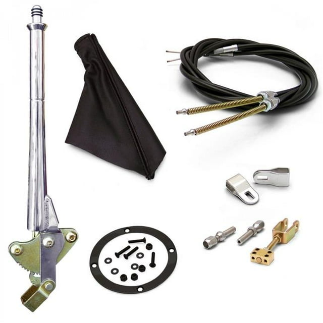 11 in. Transmission Mount E-Brake Handle Black Boot, Chrome Ring & Cable Kit for Ford Clevis