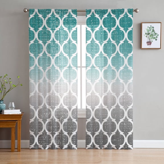 Teal White Grey Ombre Morocco Pattern Sheer Curtains 96 Inches Long 2 Panels Set, Window Sheer Curtains for Living Room/Bedroom, Modern Moroccan Geometric Light Filter Rod Pocket Curtain 52''x96''x2