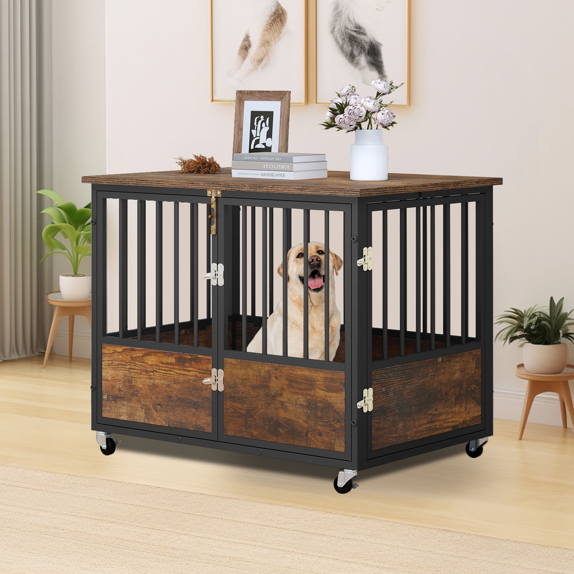 Uforic 38-Inch Wooden Dog Crate Furniture with Wheels and Double-Doors,Dog Kennel,Dog Cage for Indoor - Rustic Brown