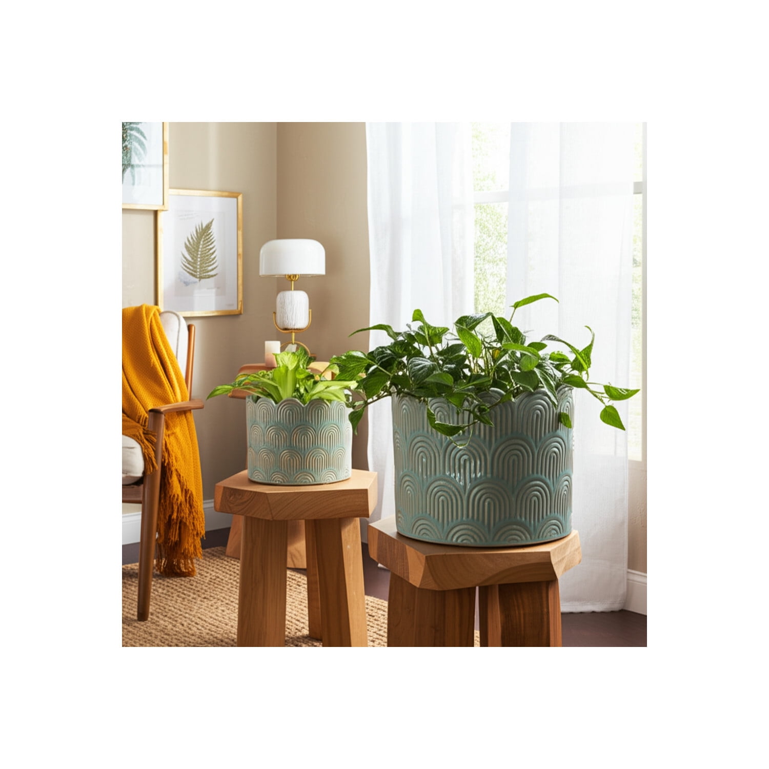 Ceramic Flower Pots and Planters for Home Decor - Indoor or Outdoor Plant Pots for Succulents, Herbs, and Orchids - Decorative Pots for Living Room, Bedroom, or Office Set of 2 - 7", 5" Green