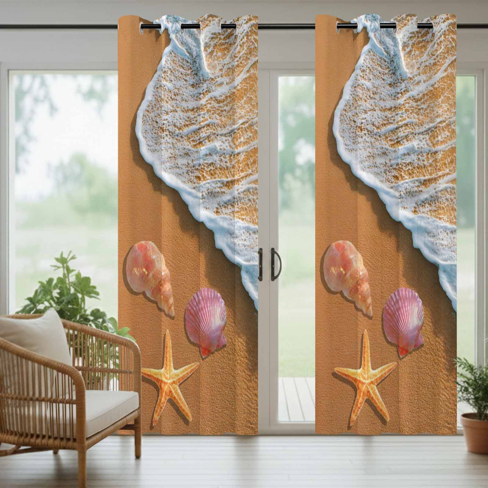 Summer Beach Outdoor Curtains for Patio, Ocean Waves Conch Starfish Shell Coastal Sunshade Privacy Drapes Grommet Waterproof Outside Curtains for Porch/Cabana/Balcony 54"x 108", 1 Panel