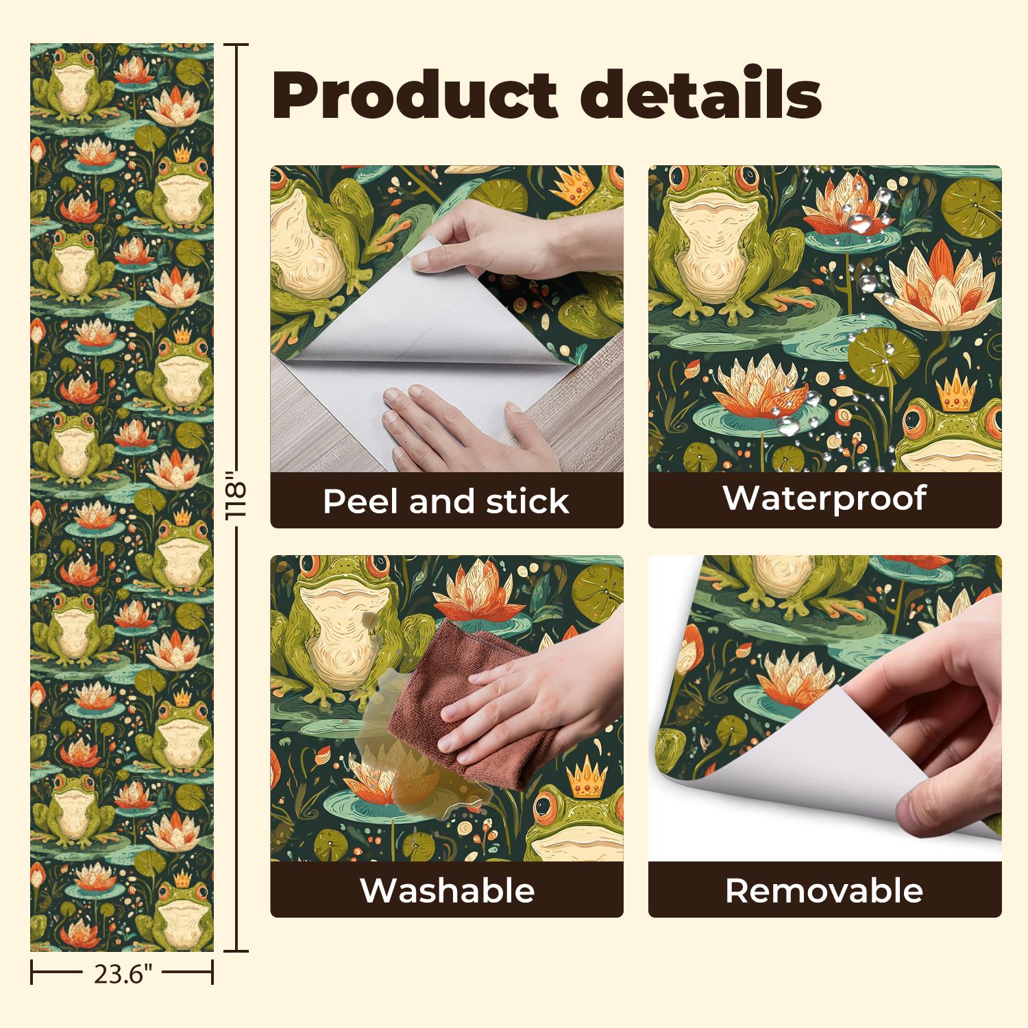 Peel and Stick Wallpaper 23.6in x 9.8ft Whimsical Frogs Water Lilies Crown Botanical Contact Paper Vinyl Self-Adhesive Removable Wall Paper for Bedroom Kitchen Cabinet Décor Renter Friendly