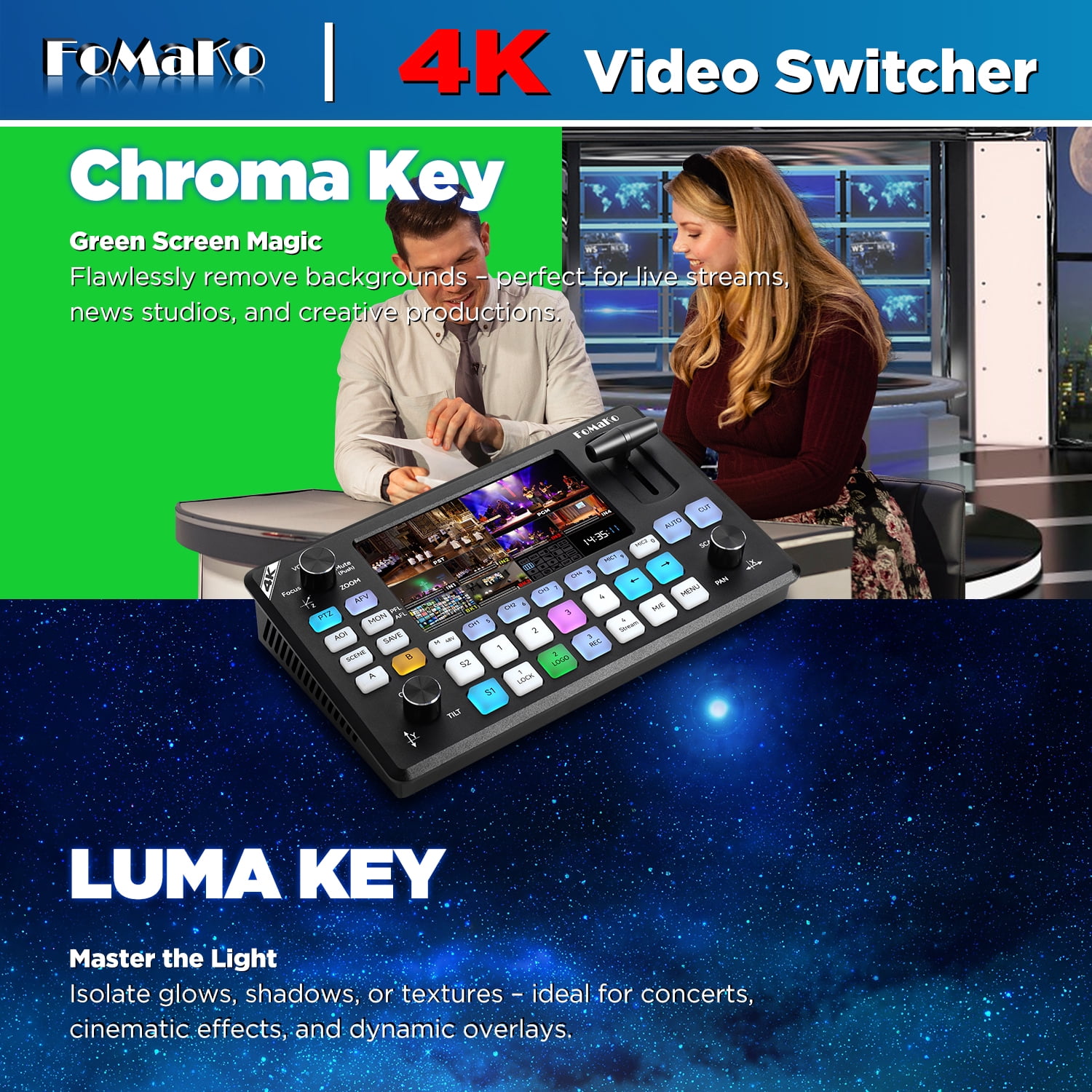 FoMaKo 20x ptz camera(3pcs)+ptz camera controller(1pc)+4k input video switcher Bundle black(BH202+KC602)