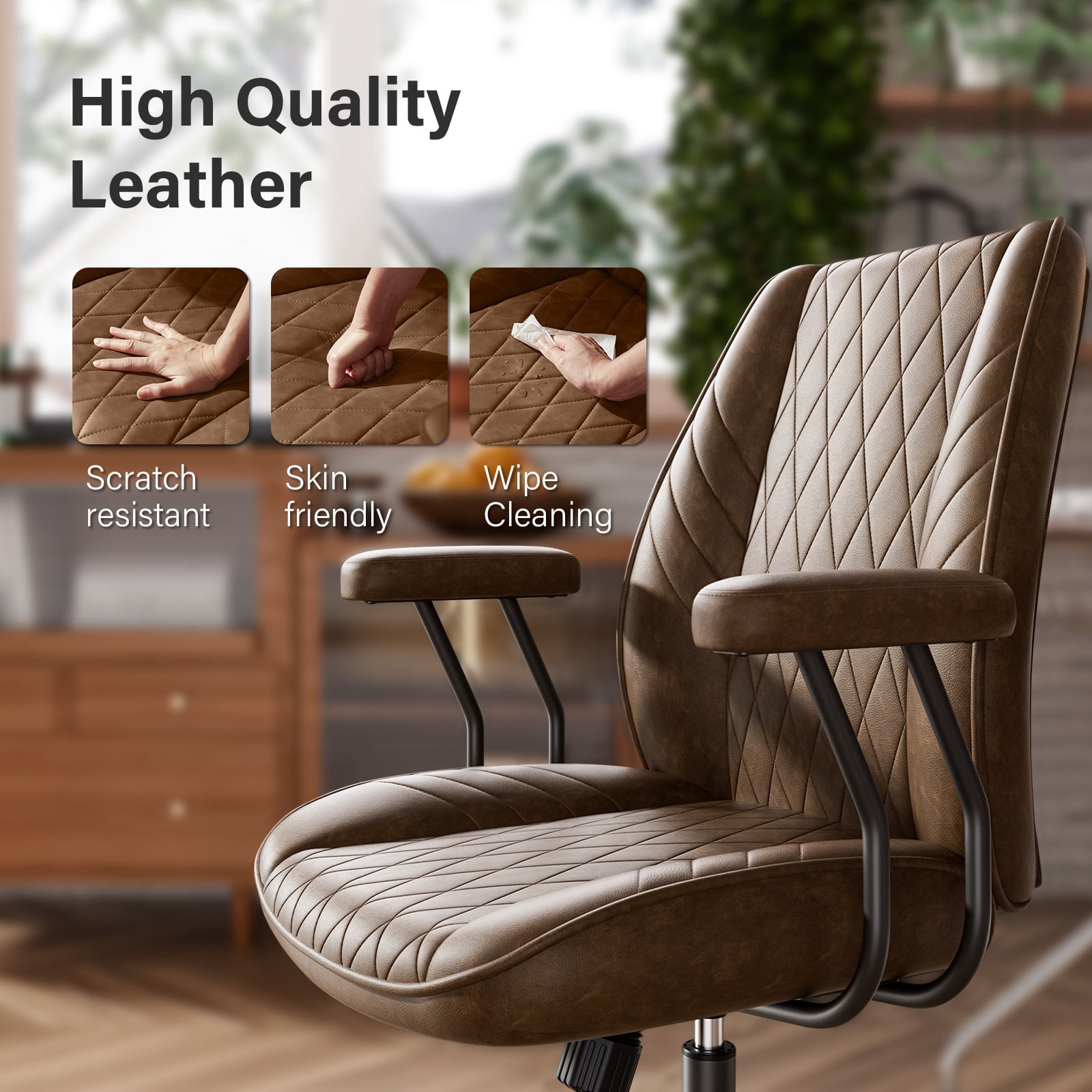 Ninecer Brown Leather Office Chair with Wheels Adjustable Height Padded Arms Mid Century Executive Desk Chair for Home Office