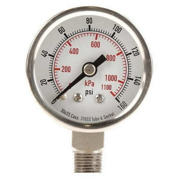 Pressure Gauge, 0 to 160 psi, 1/8 in MNPT, Stainless Steel, Silver(4FMJ3)