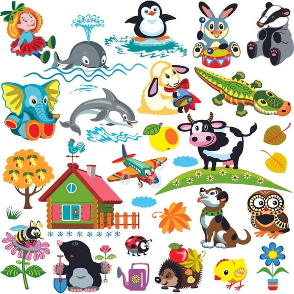 Home Bedroom Art Vinyl Young Animals Decor Multicolored Baby Stuffed Toys Little Girl Design Wall Decal Stickers - 20" x 20" Removable Kids Bedroom Nursery Play House Playroom Adhesive Wall Decoration