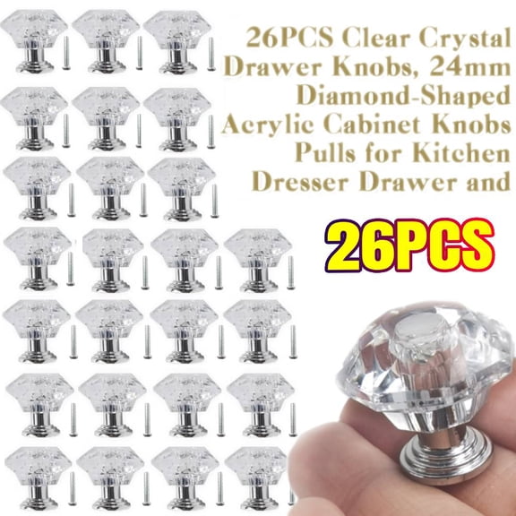 26 Pack Clear Crystal Drawer Knobs, 24 mm Diamond-Shaped Acrylic Cabinet Knobs Pulls for Kitchen Dresser Drawer and Cupboard