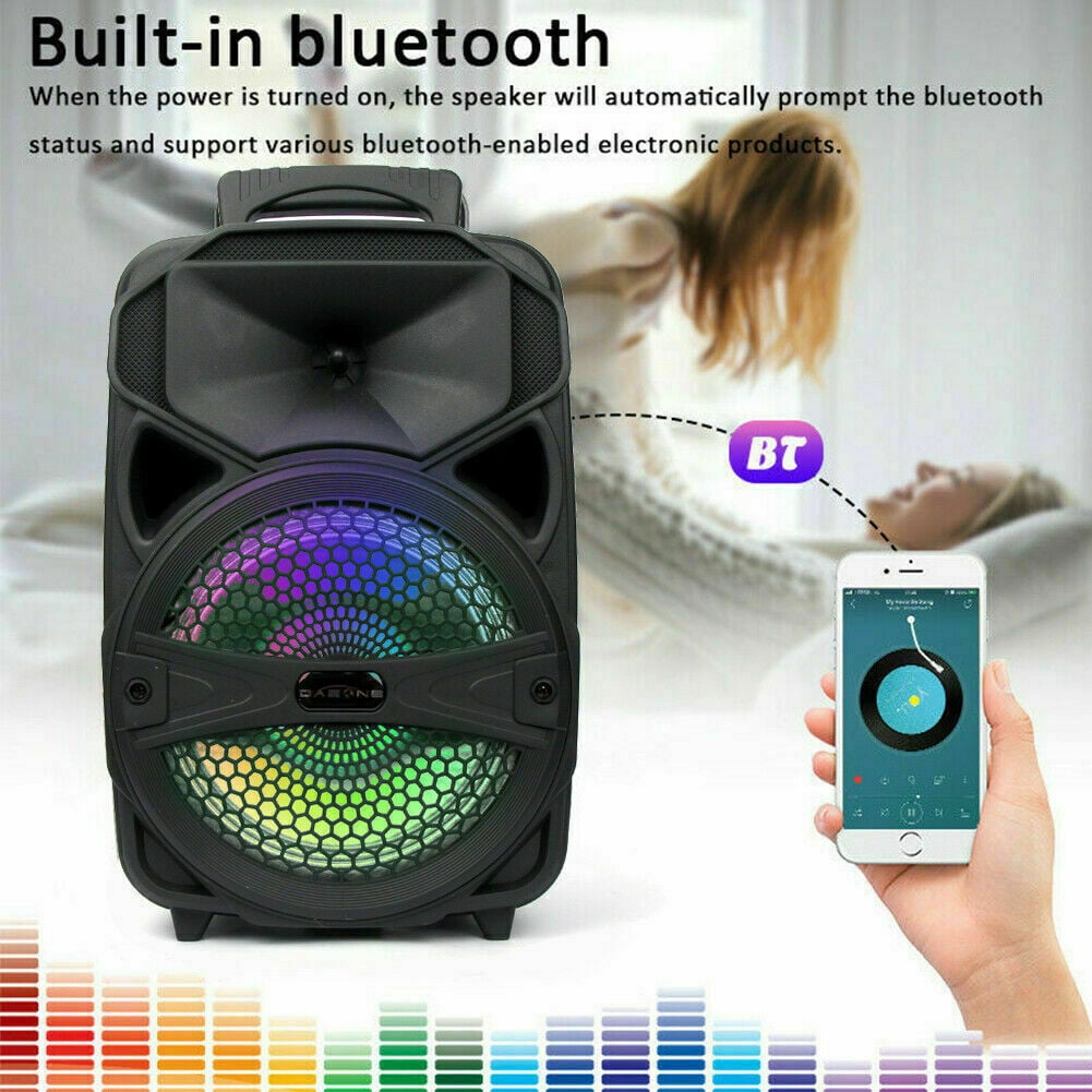 Lohoms Portable Wireless Speaker With Microphone, USB Rechargeable 1,000W FM Bluetooth Speaker 8" Subwoofer Heavy Bass Stereo Party PA System AUX, Remote, Charging Cable, LED Light