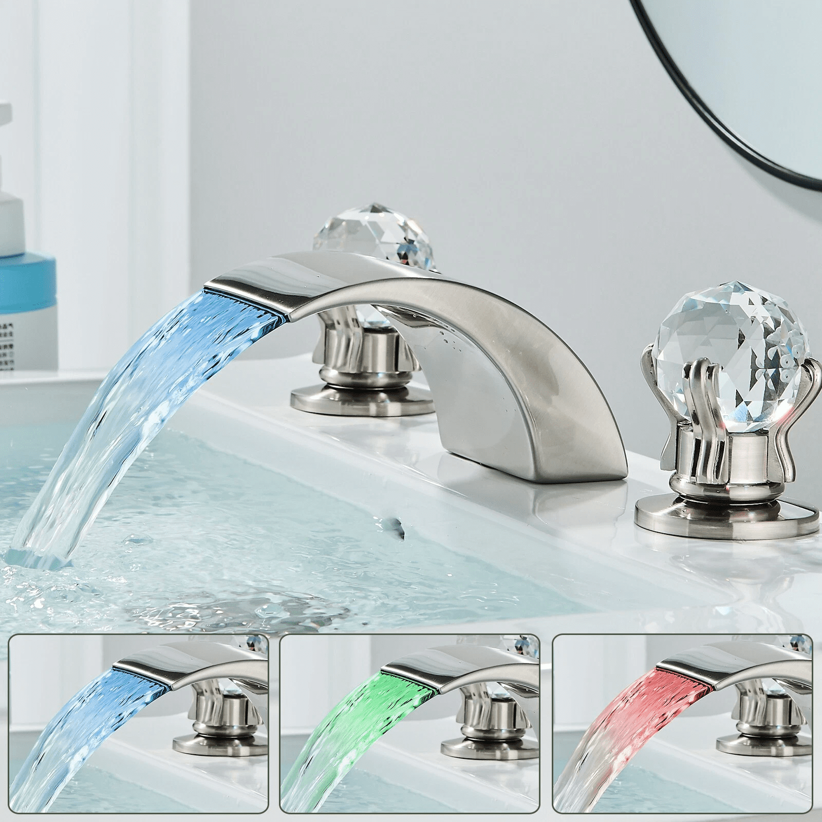 Zovajonia 3 Hole Bathroom Faucet Dual Crystal Knobs Vanity Basin Led Sink Faucet Mixer Bronze Bath Faucets ,Widespread bathroom faucets for sink 3 hole Waterfall Tub Faucet  Brushed Nickel