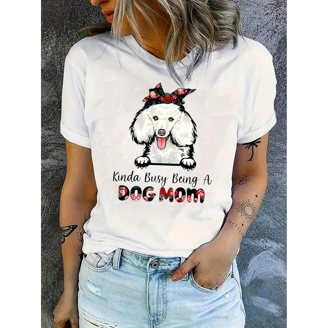 Playera Deportiva Manga Corta Mujer Dry-Fit1pc Women'S Casual Round Neck Short Sleeve T-Shirt with Cute Dog & Floral Print - "Kinda Busy Being a Dog Mom" - Comfortable Knit Polyester Fabric for All