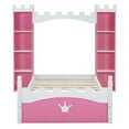 thumbnail image 3 of Bellemave Twin Size Platform Bed with Castle-shaped Storage Shelves and Crown Pattern Footboard Dreamy Princess Bed Frame With Built-in Storage Bookshelf(Twin, Pink+White), 3 of 10