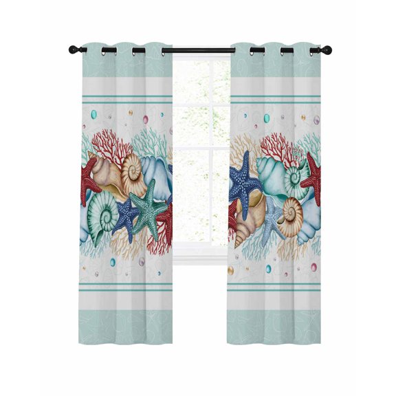 Teal Green Starfish Blackout Curtains, Light Blocking Print Window Curtains, Summer Coral Beach Conch Coastal Thermal Insulated Window Drapes for Living Room Kitchen Cafe 2 Panels, 84"W x 63"L