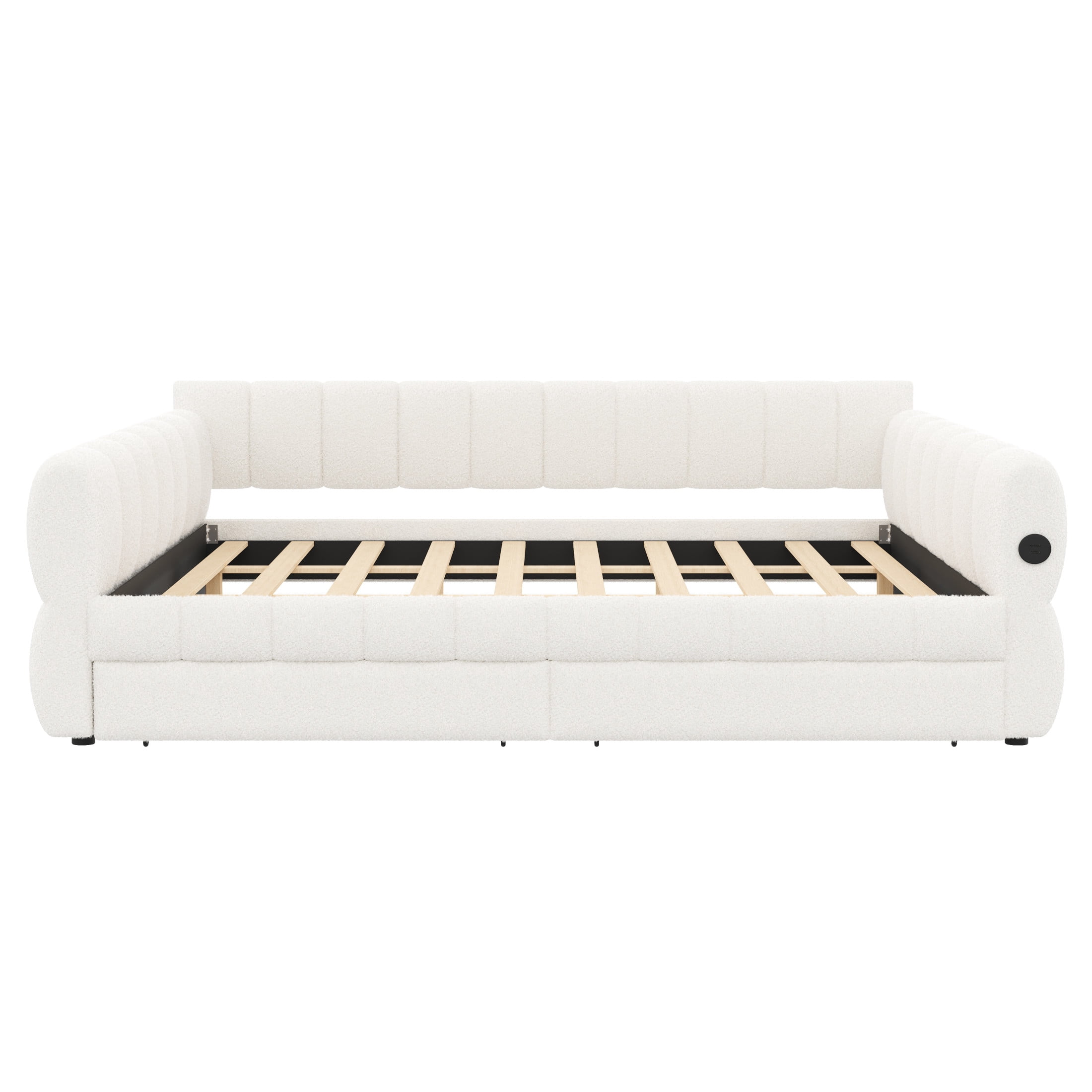 Noble House Cornelius King Size Upholstered Platform Bed, Lambswool Bed Frame with USB Port and Storage Drawers, White