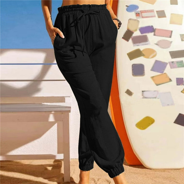 Fsqjgq Women's Pleated Wide Leg Pants Women's Black Dress Pants Womens  Casual Solid Loose Pockets Elastic Waist Pants Long Trousers Pink S 