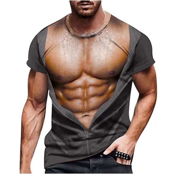 WREESH Men's 3D Muscle Print T-Shirts Funny Round Neck Short Sleeve Fitness Wear Dark Gray