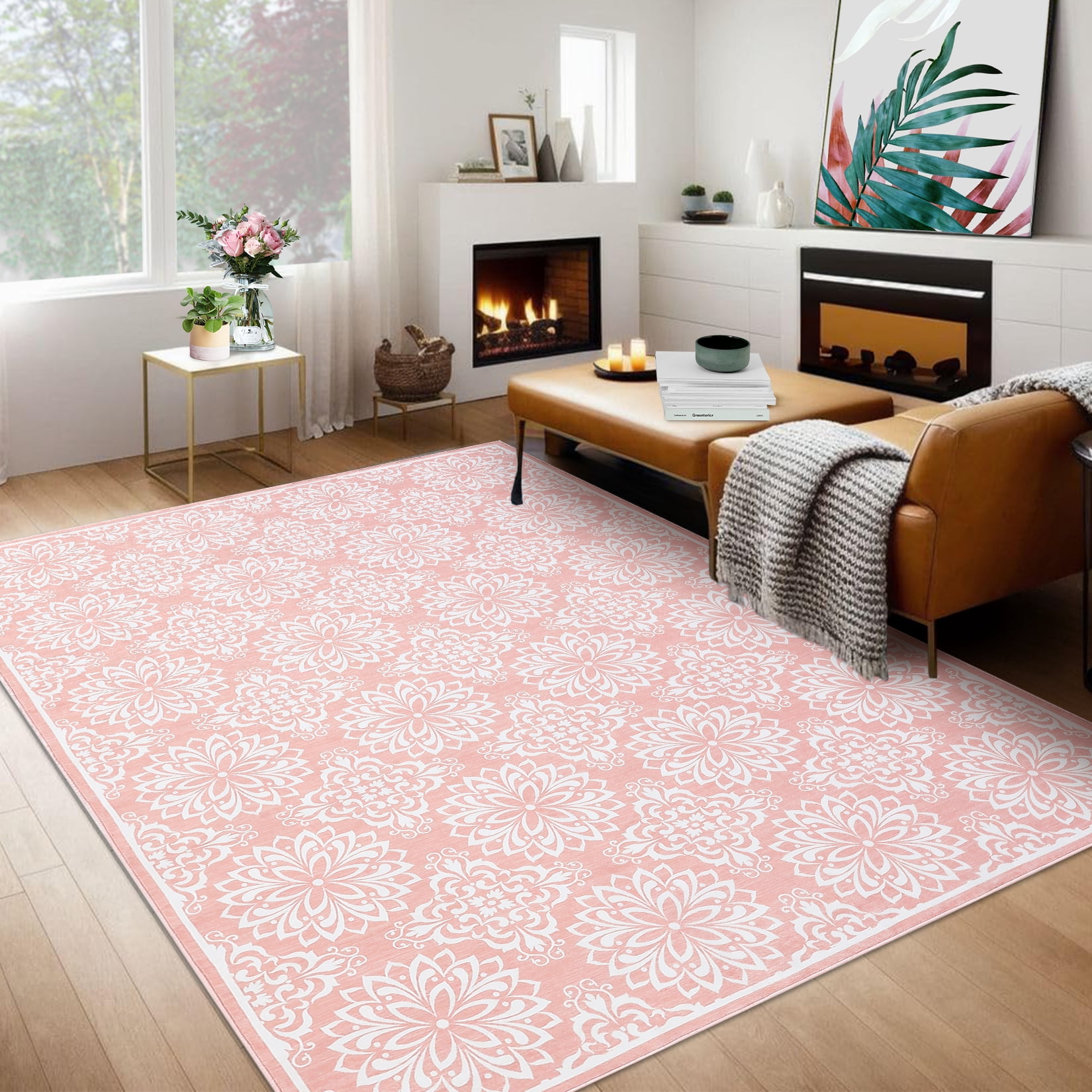 HOMERRY Indoor Washable 5' x 7' Area Rug Floral Rug for Living Room Non-Slip Floor Carpet for Bedroom, Pink