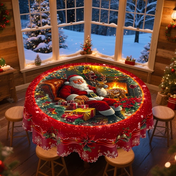 KOPOEELK Santa Fireplace Gifts Round Tablecloth, 60 in Round Christmas Dining Decor