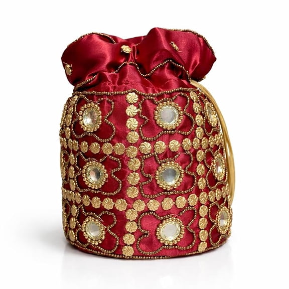 Handcrafted Embroidered Potli Bag for Women with Mirror Work and Beaded Design Traditional Drawstring Pouch Purse for Wedding Party and Festive Use-Maroon