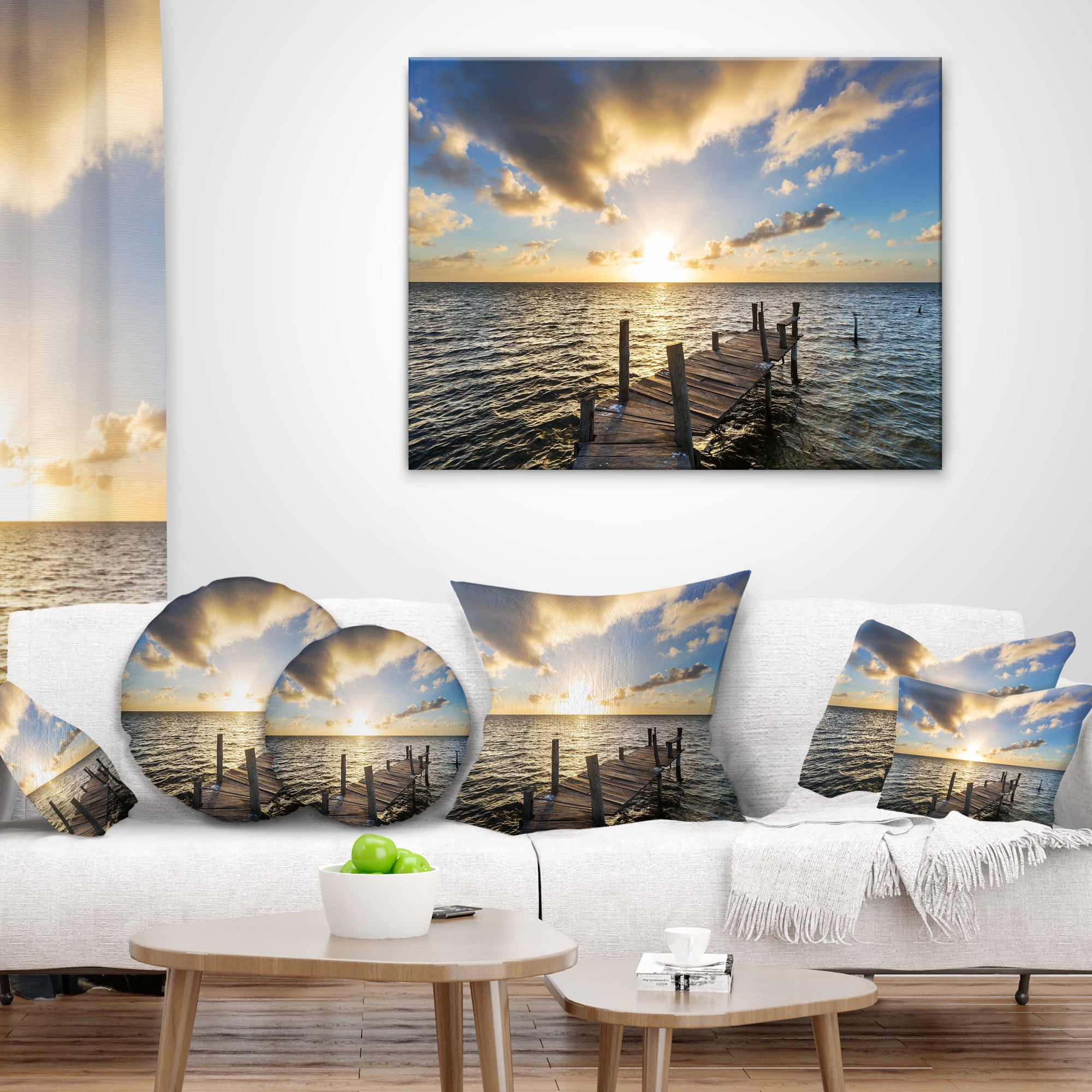 Designart Abandoned Boardwalk in Seashore - Bridge Throw Pillow - 16x16