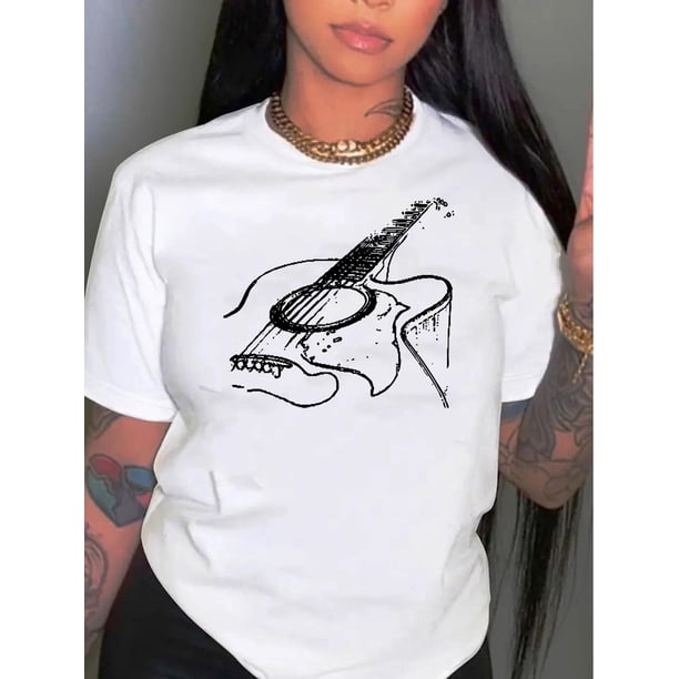 Camiseta estampada con líneas de guitarra para mujer: cuello redondo, manga corta, cómoda mezcla de algodón y elastano, lavable a máquina, color negro. Camisetas de verano.