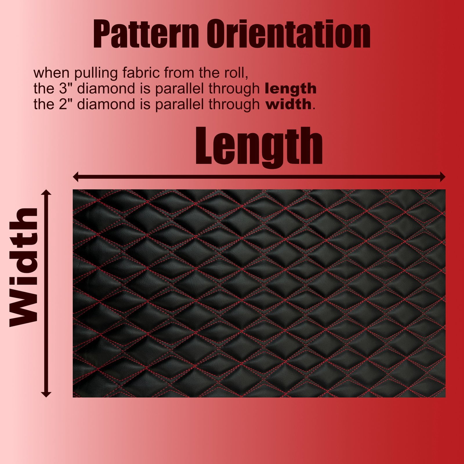 Vinyl Quilted Foam Padded Fabric W 3/8" Foam Backing Upholstery Car Headliner Vehicle & Motorcycle Seats Door Panels /58" W/ Continuous Yard (Black-Red Double Stitching, Diamond 2"X3")