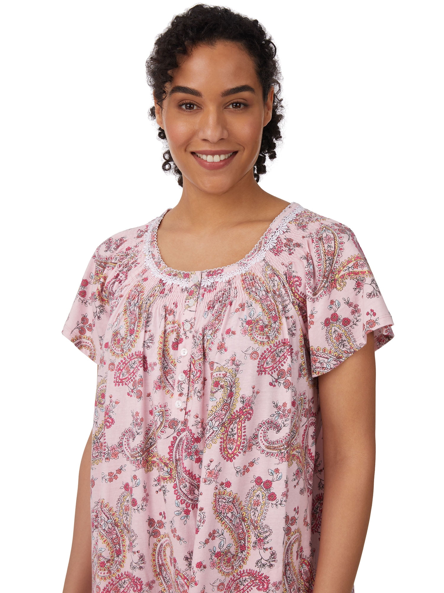 Aria Women's 100% Cotton Raglan Sleeve Smocked Neck 40" Sleepwear Gown, Sizes XS-5X