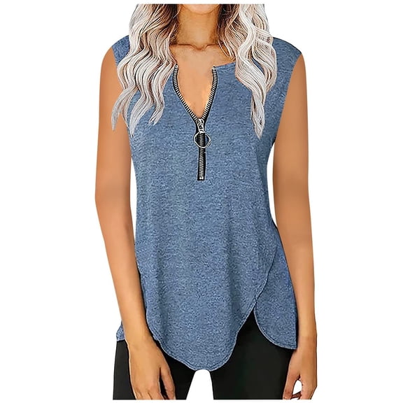 QUINDOS Womens Shirts Yoga Summer Blue Fashion Casual Solid Vest Zipper Round-Neck Loose Sleeveless T-shirt Pullover Tops Womens Tank Tops